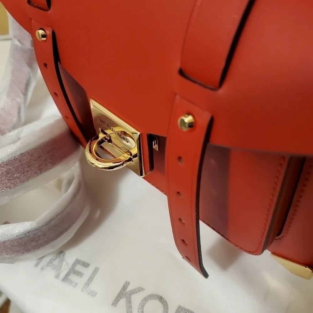 NWT Michael Kors Medium Manhattan Flame Red Leather Satchel/Crossbody